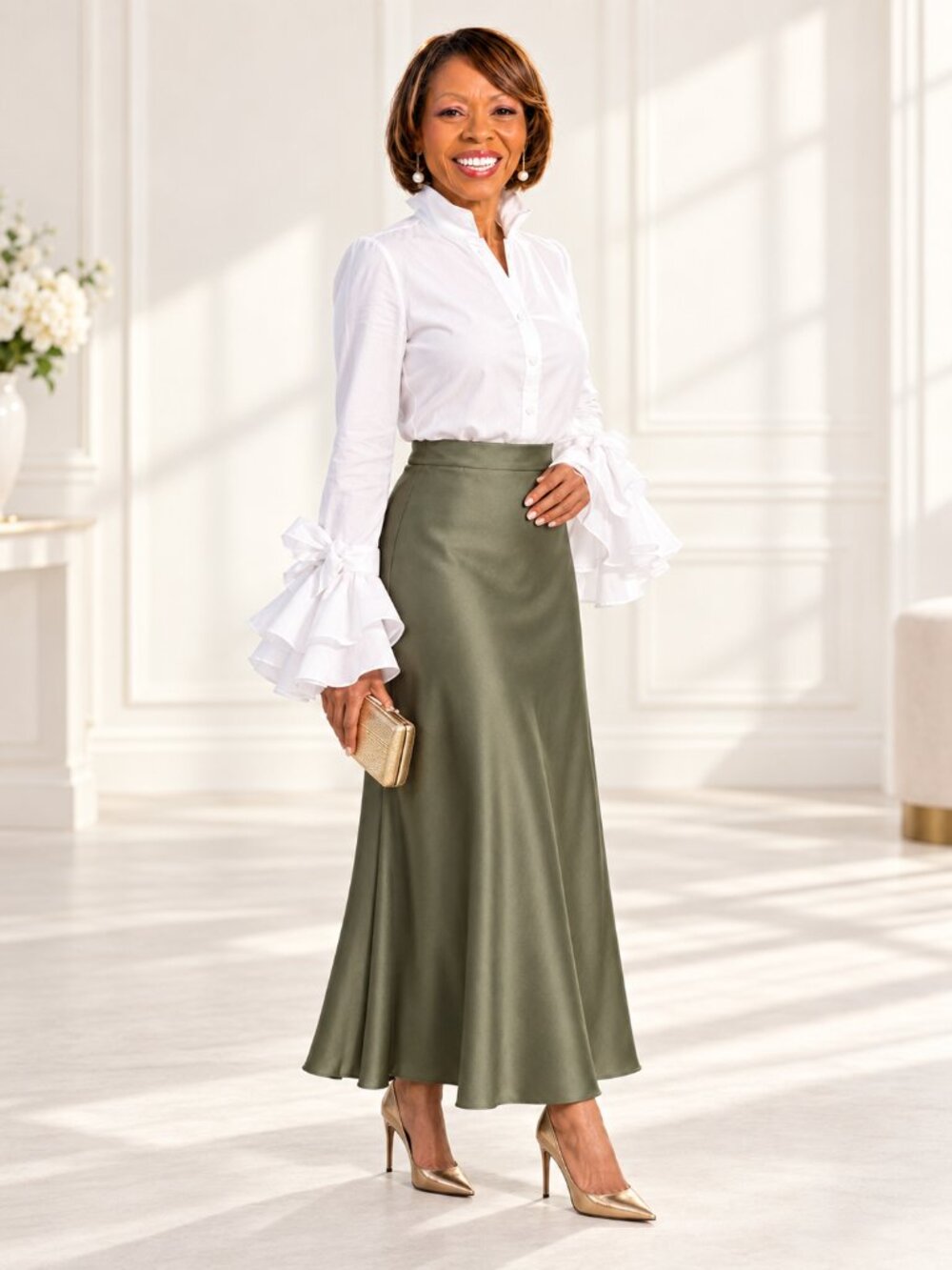 Olive Satin Maxi Skirt Elegant Wedding Guest Evening Skirt